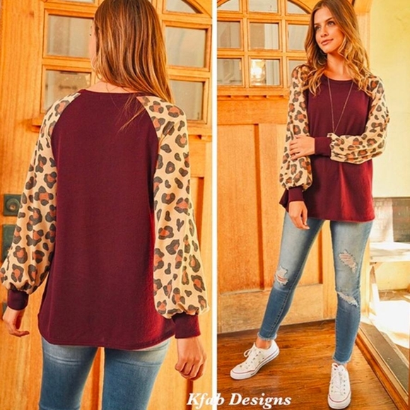 Puff Contrast Leopard Brushed Fabric Top - Picture 4 of 8